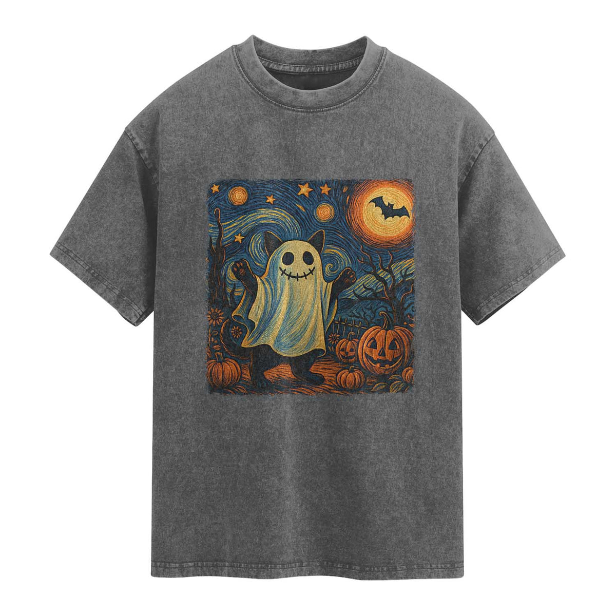 Funny Halloween Ghost Cat Washed Cotton T-Shirt Starry Night Van Gogh Cat Lover Gifts
