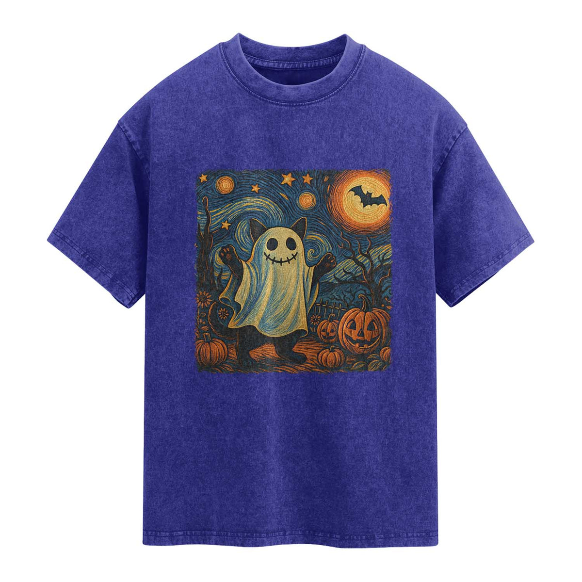 Funny Halloween Ghost Cat Washed Cotton T-Shirt Starry Night Van Gogh Cat Lover Gifts