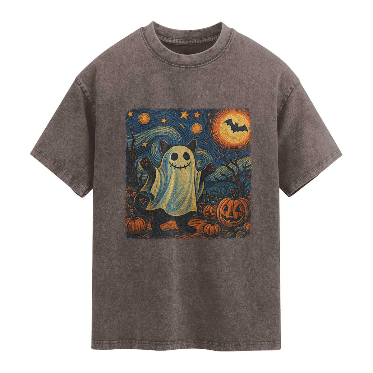 Funny Halloween Ghost Cat Washed Cotton T-Shirt Starry Night Van Gogh Cat Lover Gifts