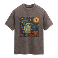 Funny Halloween Ghost Cat Washed Cotton T-Shirt Starry Night Van Gogh Cat Lover Gifts