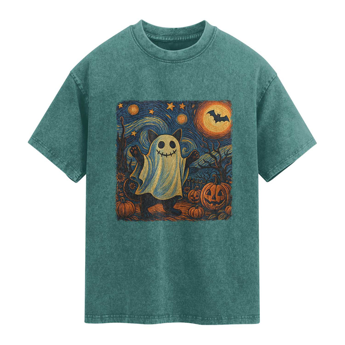 Funny Halloween Ghost Cat Washed Cotton T-Shirt Starry Night Van Gogh Cat Lover Gifts