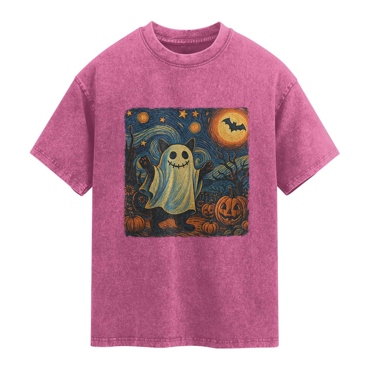 Funny Halloween Ghost Cat Washed Cotton T-Shirt Starry Night Van Gogh Cat Lover Gifts