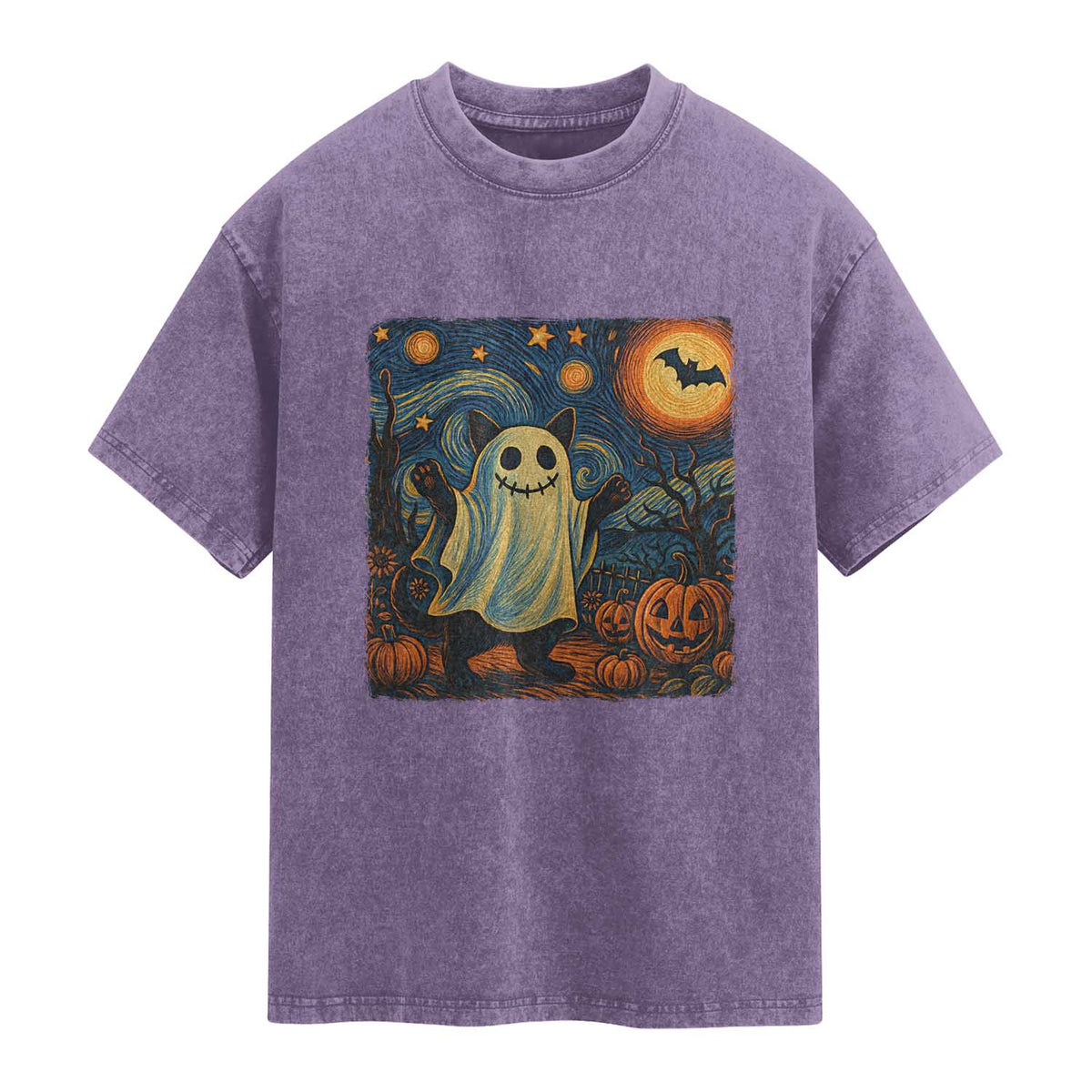 Funny Halloween Ghost Cat Washed Cotton T-Shirt Starry Night Van Gogh Cat Lover Gifts