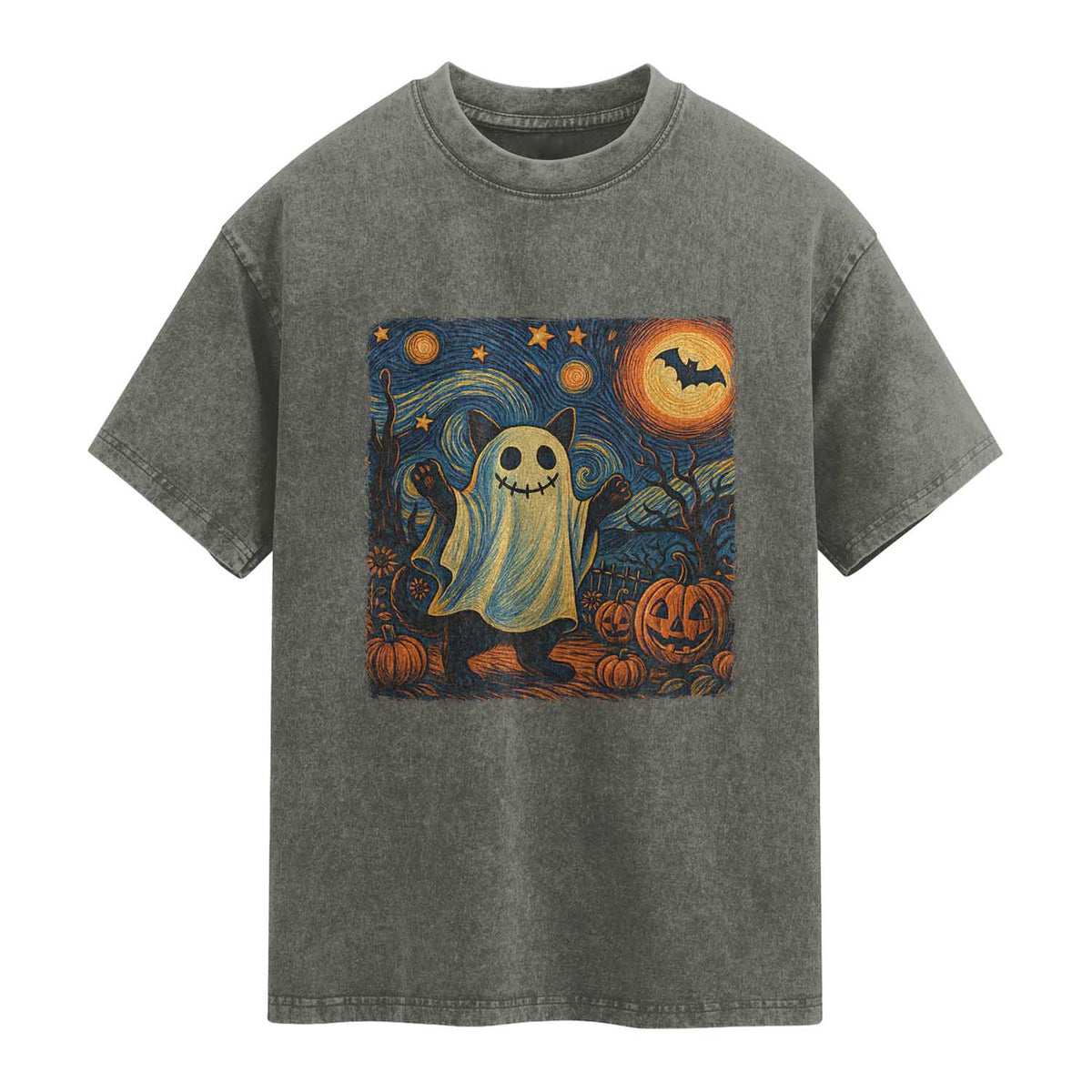 Funny Halloween Ghost Cat Washed Cotton T-Shirt Starry Night Van Gogh Cat Lover Gifts