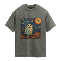 Funny Halloween Ghost Cat Washed Cotton T-Shirt Starry Night Van Gogh Cat Lover Gifts