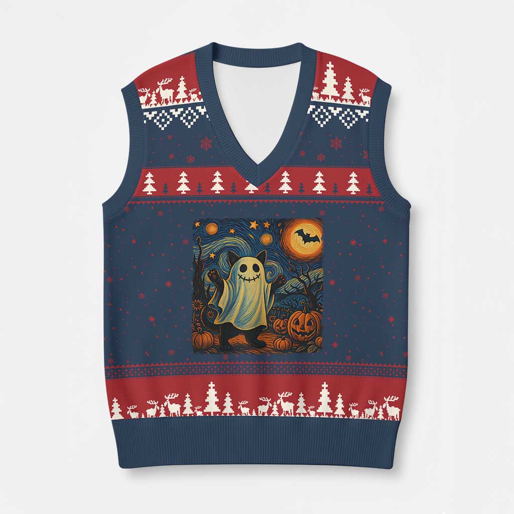 Funny Halloween Ghost Cat V-Neck Knit Sweater Vest Starry Night Van Gogh Cat Lover Gifts - Wonder Print Shop