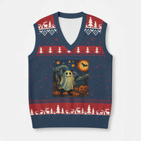 Funny Halloween Ghost Cat V-Neck Knit Sweater Vest Starry Night Van Gogh Cat Lover Gifts - Wonder Print Shop