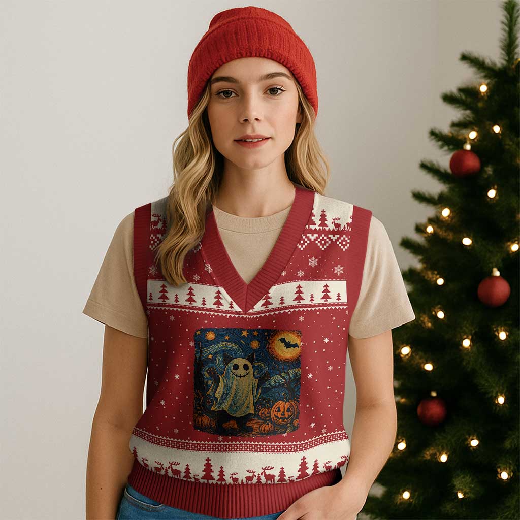 Funny Halloween Ghost Cat V-Neck Knit Sweater Vest Starry Night Van Gogh Cat Lover Gifts - Wonder Print Shop