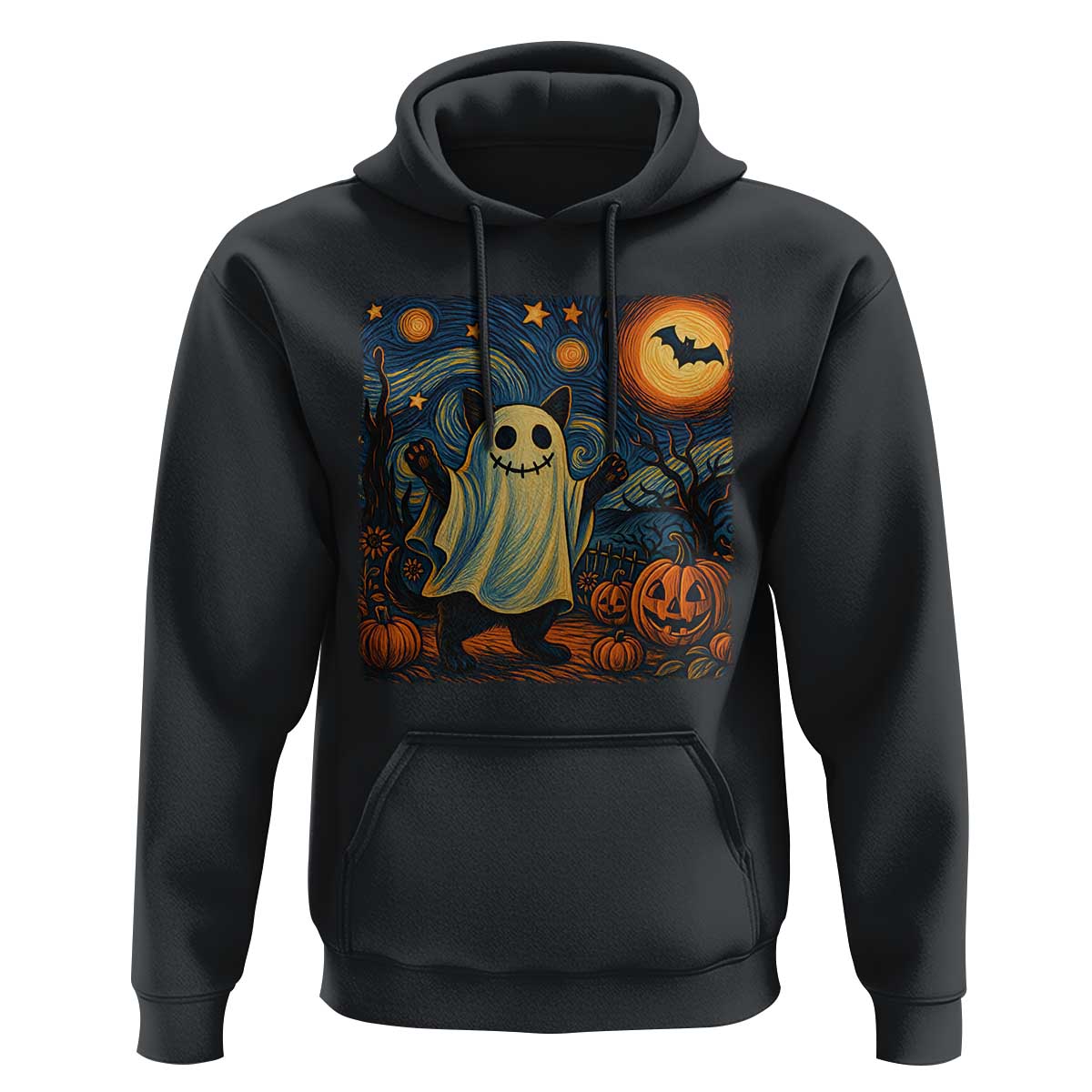 Funny Halloween Ghost Cat Hoodie Starry Night Van Gogh Cat Lover Gifts - Wonder Print Shop
