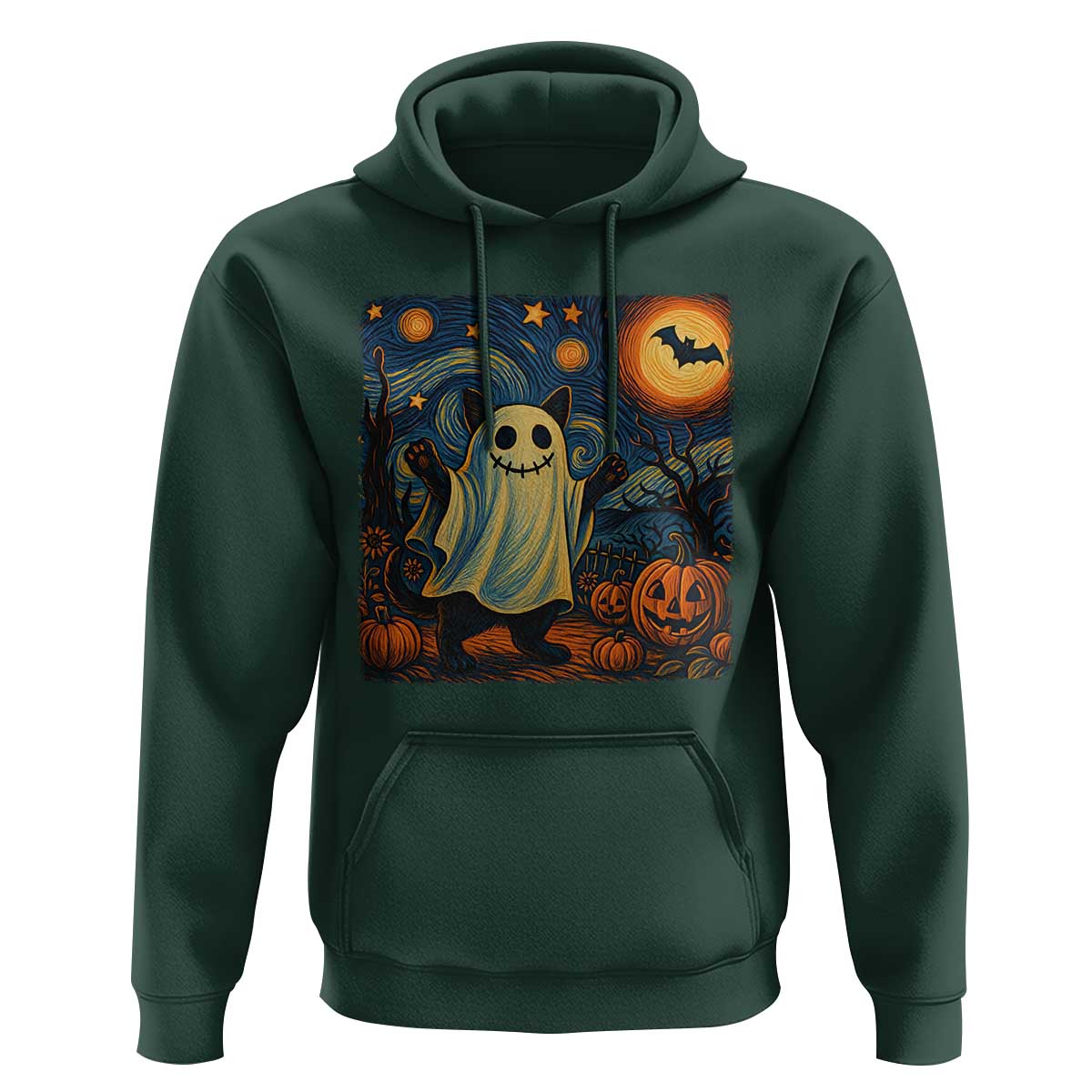 Funny Halloween Ghost Cat Hoodie Starry Night Van Gogh Cat Lover Gifts - Wonder Print Shop