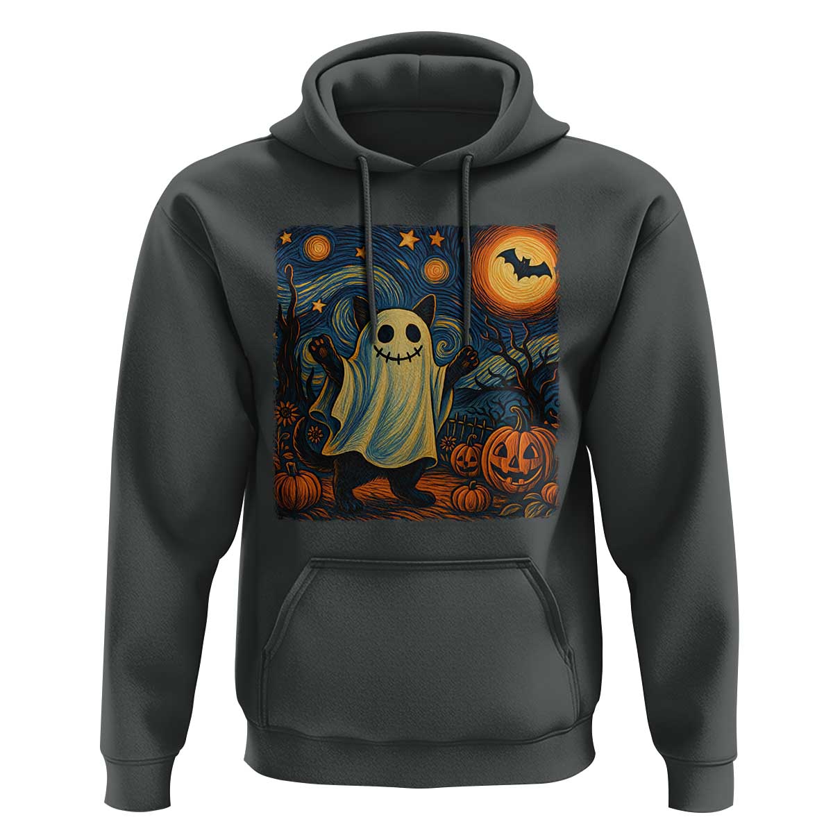 Funny Halloween Ghost Cat Hoodie Starry Night Van Gogh Cat Lover Gifts - Wonder Print Shop