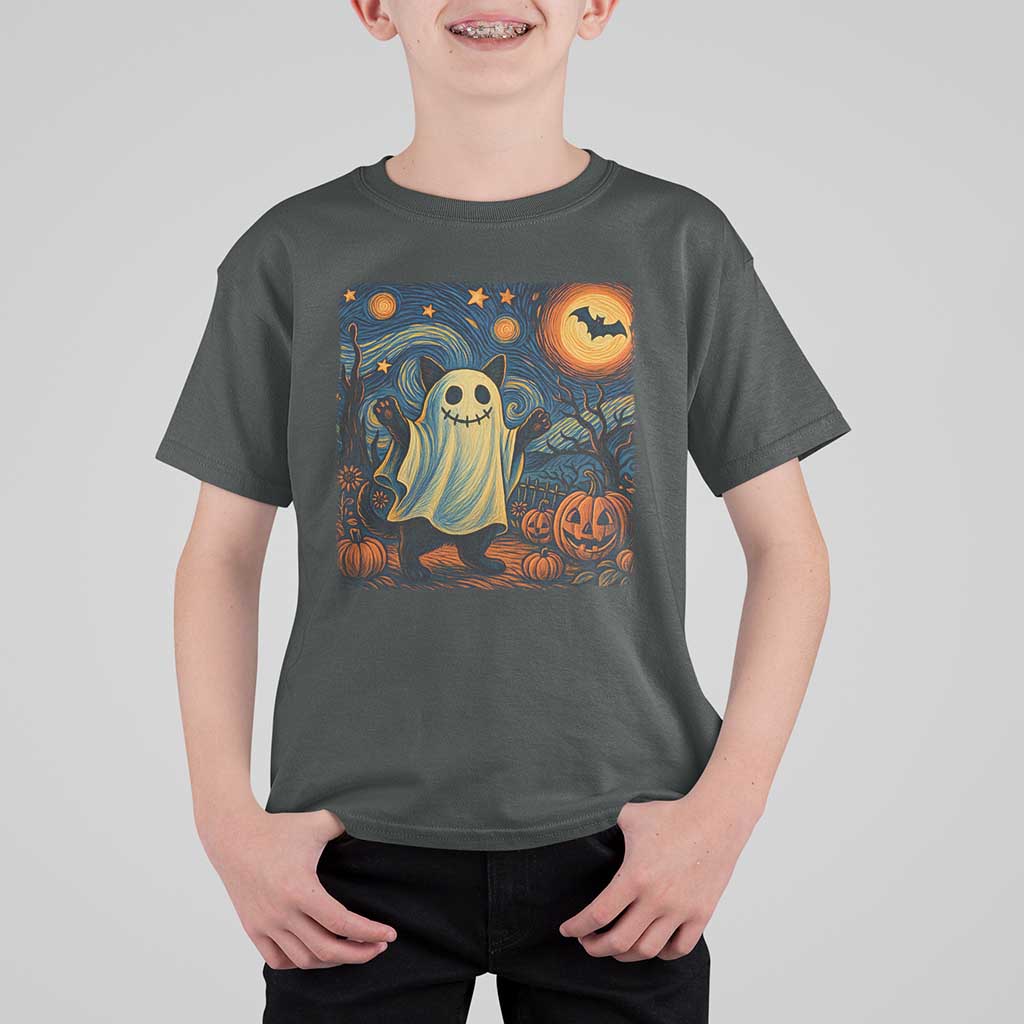 Funny Halloween Ghost Cat T Shirt For Kid Starry Night Van Gogh Cat Lover Gifts - Wonder Print Shop