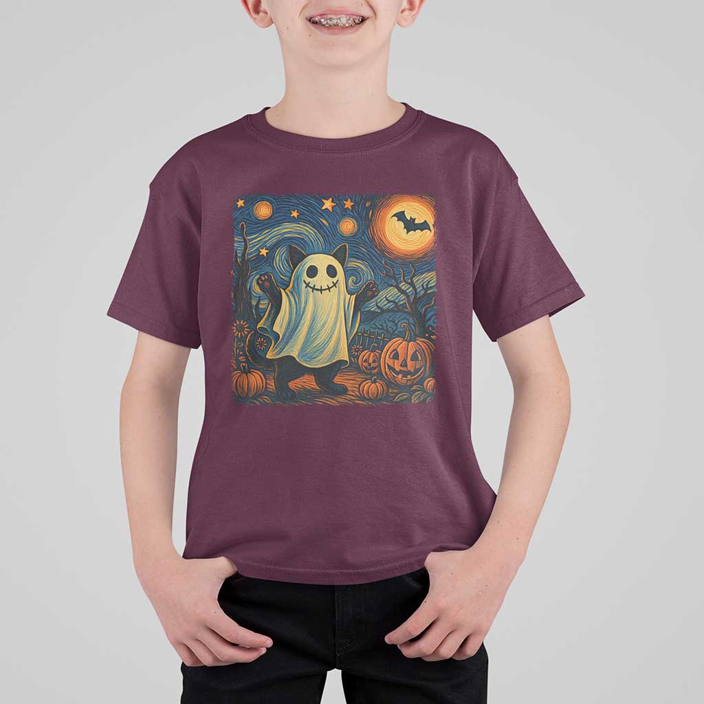 Funny Halloween Ghost Cat T Shirt For Kid Starry Night Van Gogh Cat Lover Gifts - Wonder Print Shop