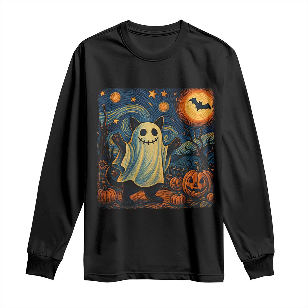 Funny Halloween Ghost Cat Long Sleeve Shirt Starry Night Van Gogh Cat Lover Gifts - Wonder Print Shop