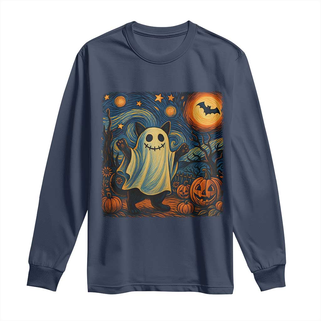 Funny Halloween Ghost Cat Long Sleeve Shirt Starry Night Van Gogh Cat Lover Gifts - Wonder Print Shop