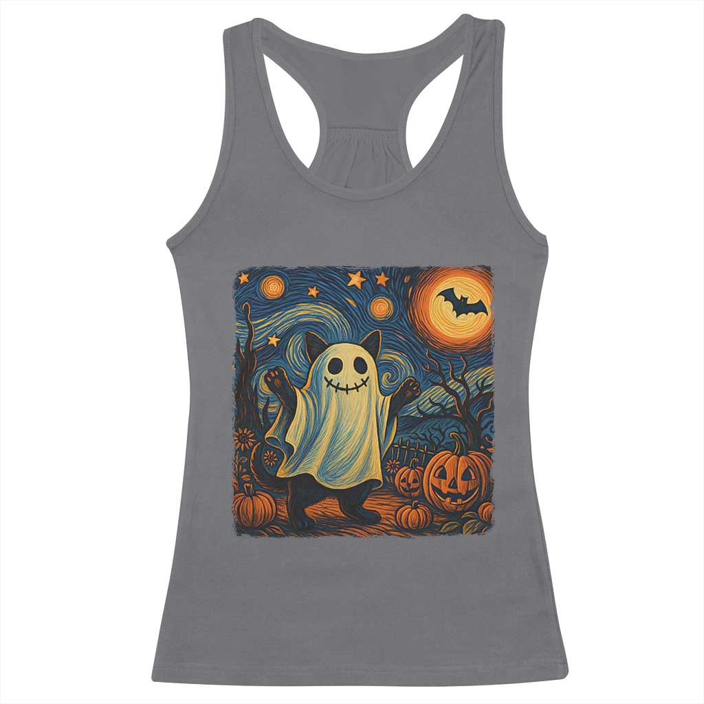 Funny Halloween Ghost Cat Racerback Tank Top Starry Night Van Gogh Cat Lover Gifts - Wonder Print Shop