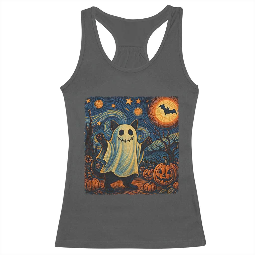 Funny Halloween Ghost Cat Racerback Tank Top Starry Night Van Gogh Cat Lover Gifts - Wonder Print Shop