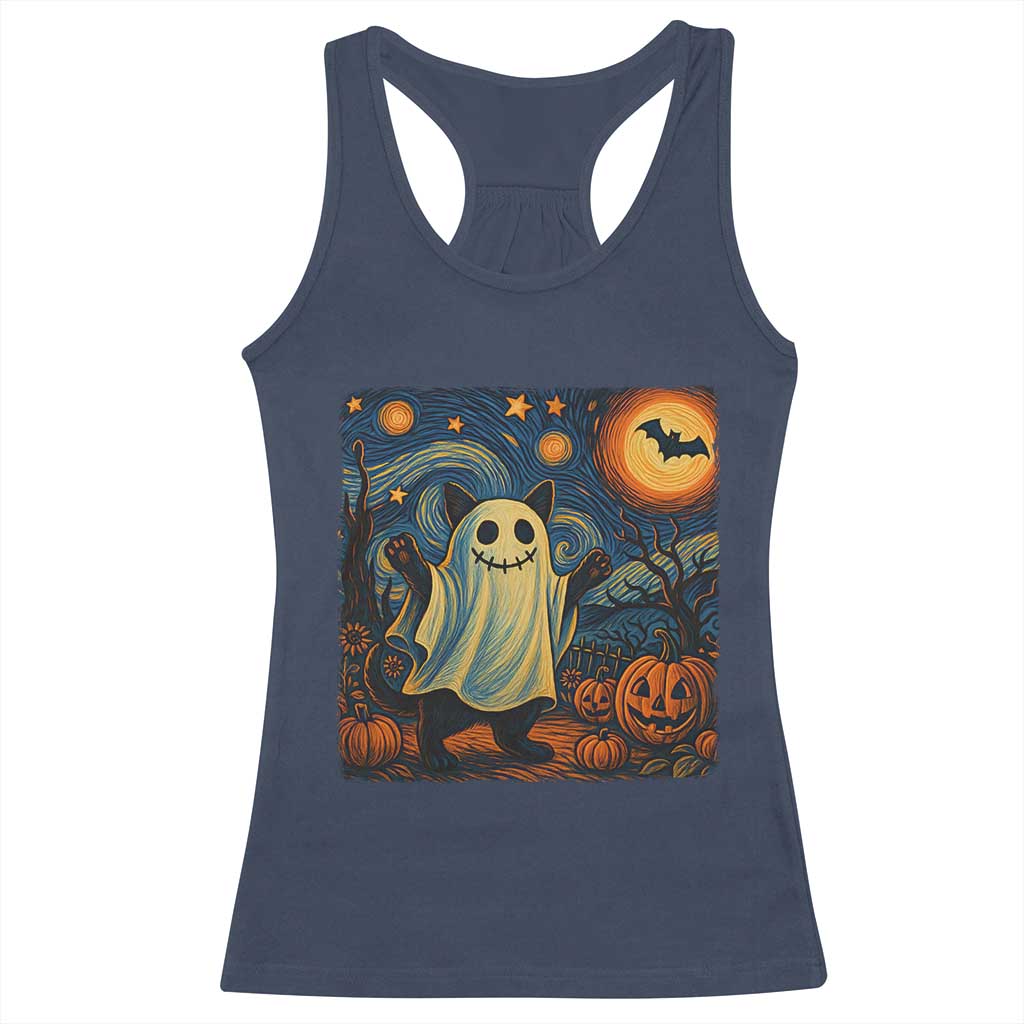 Funny Halloween Ghost Cat Racerback Tank Top Starry Night Van Gogh Cat Lover Gifts - Wonder Print Shop