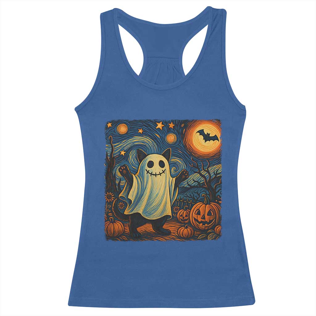 Funny Halloween Ghost Cat Racerback Tank Top Starry Night Van Gogh Cat Lover Gifts - Wonder Print Shop