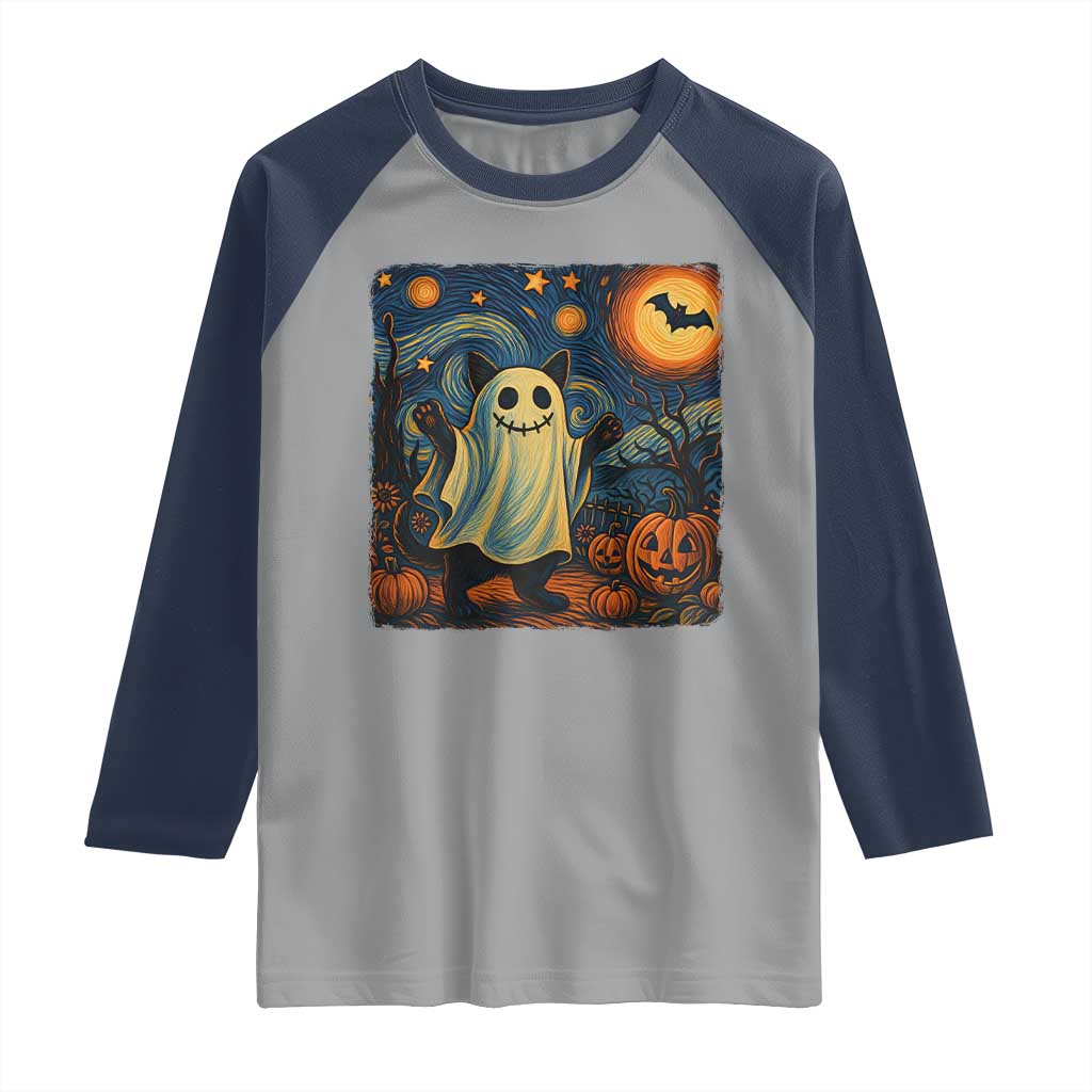 Funny Halloween Ghost Cat Raglan Shirt Starry Night Van Gogh Cat Lover Gifts - Wonder Print Shop