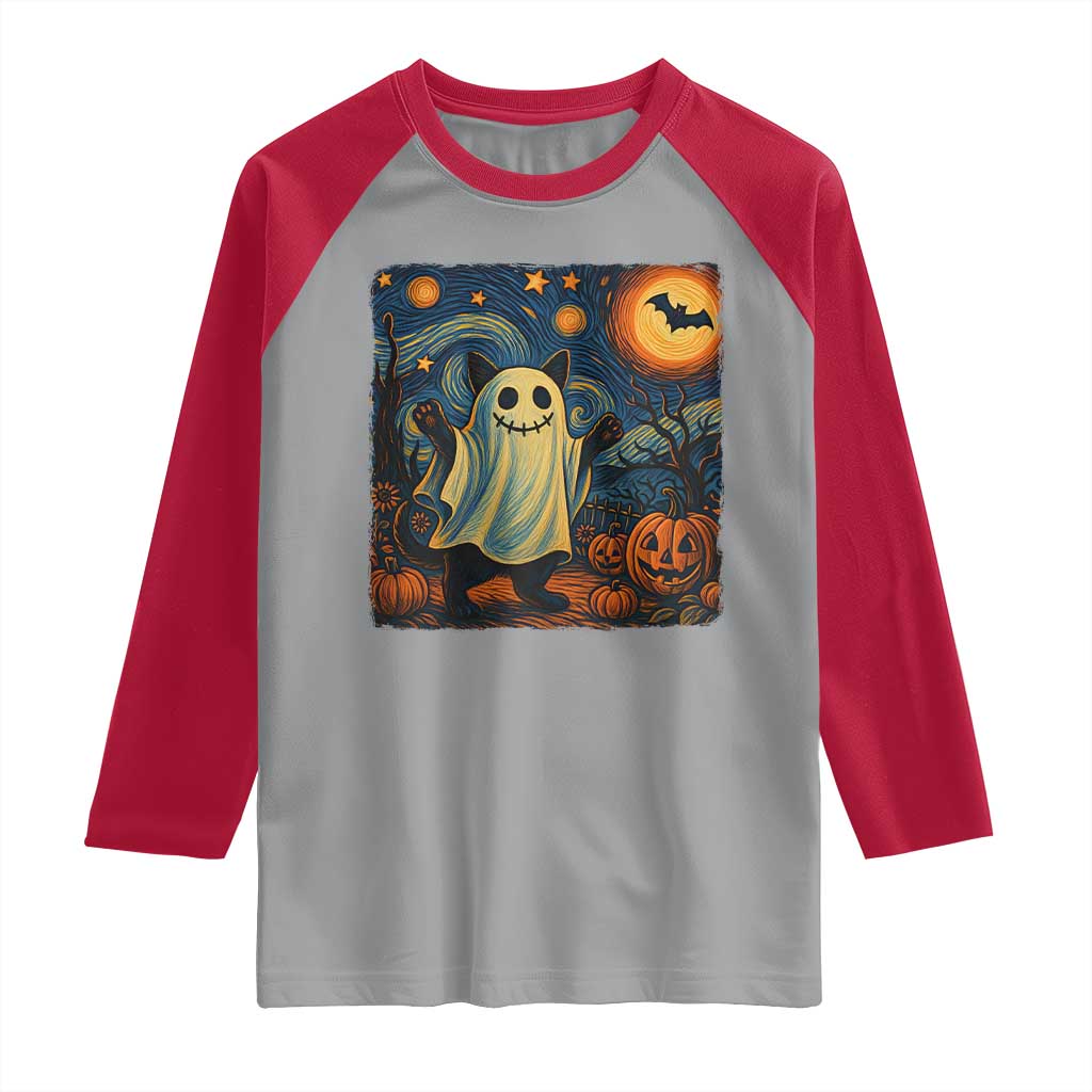 Funny Halloween Ghost Cat Raglan Shirt Starry Night Van Gogh Cat Lover Gifts - Wonder Print Shop