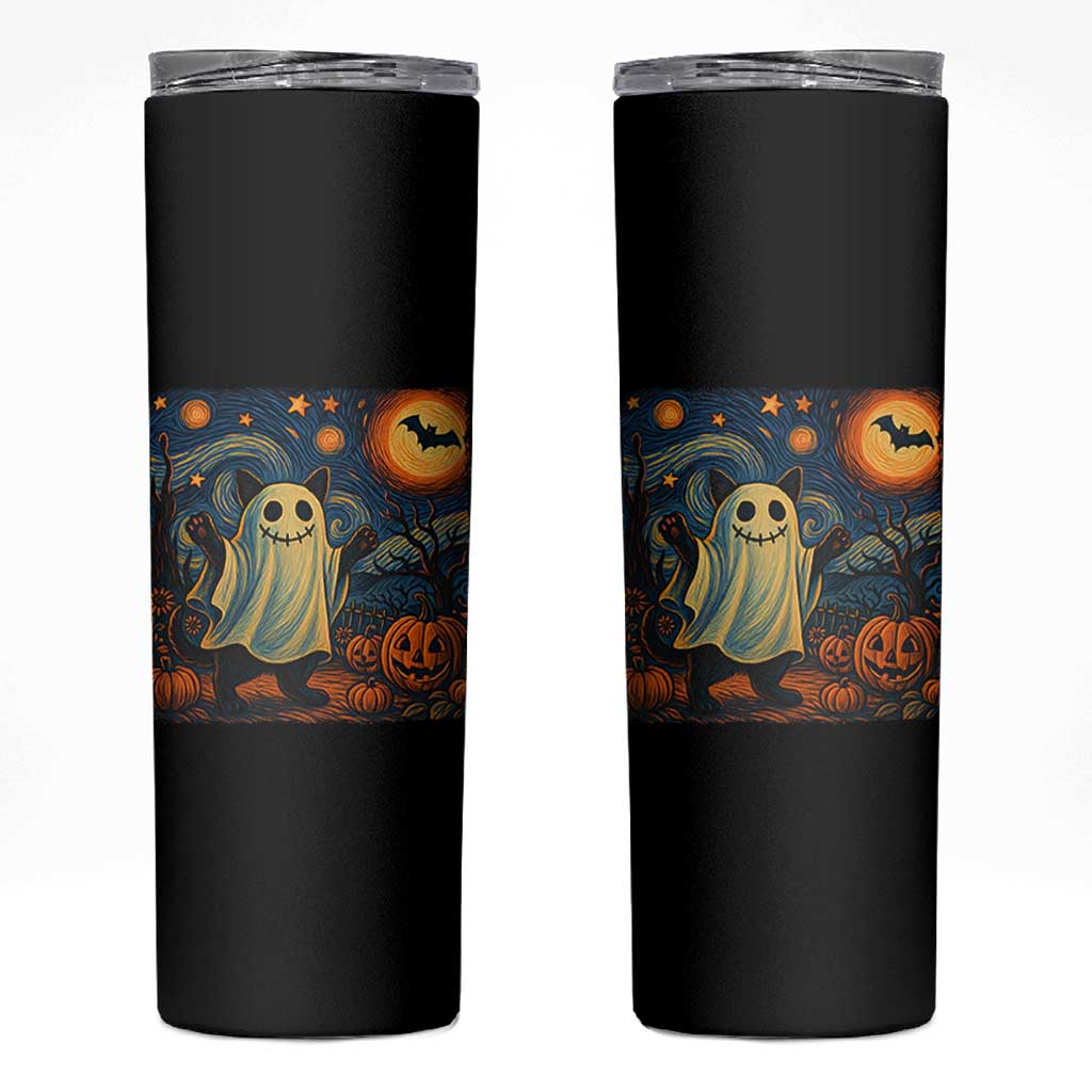 Funny Halloween Ghost Cat Skinny Tumbler Starry Night Van Gogh Cat Lover Gifts - Wonder Print Shop