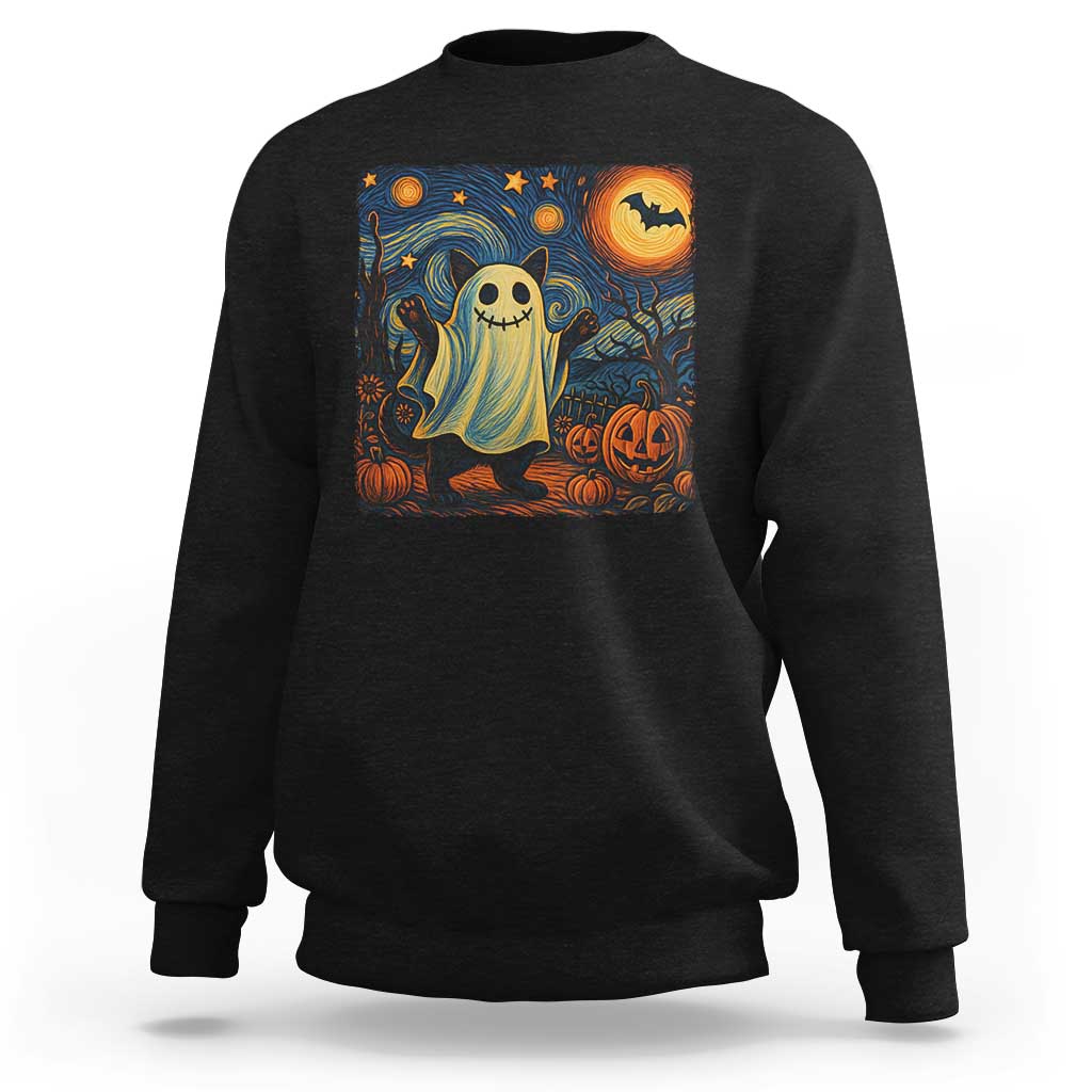 Funny Halloween Ghost Cat Sweatshirt Starry Night Van Gogh Cat Lover Gifts - Wonder Print Shop
