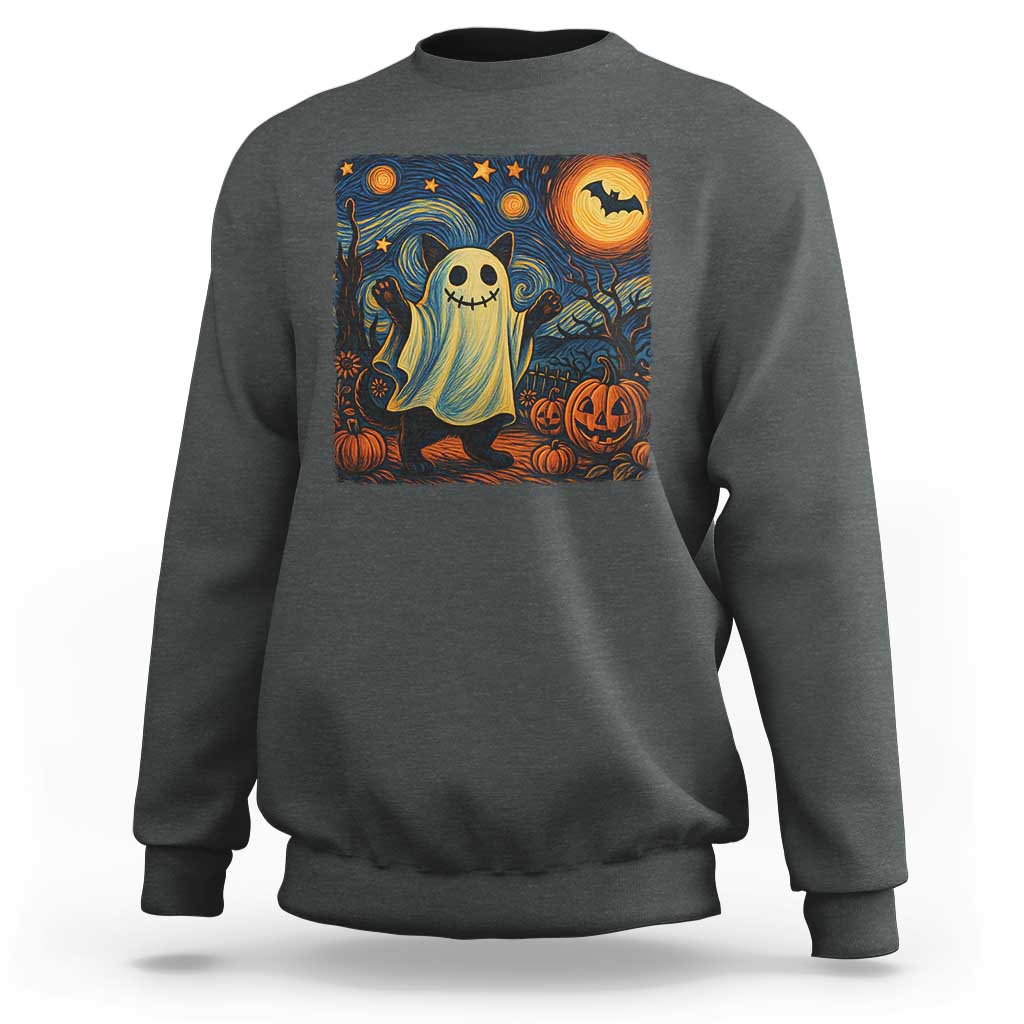 Funny Halloween Ghost Cat Sweatshirt Starry Night Van Gogh Cat Lover Gifts - Wonder Print Shop