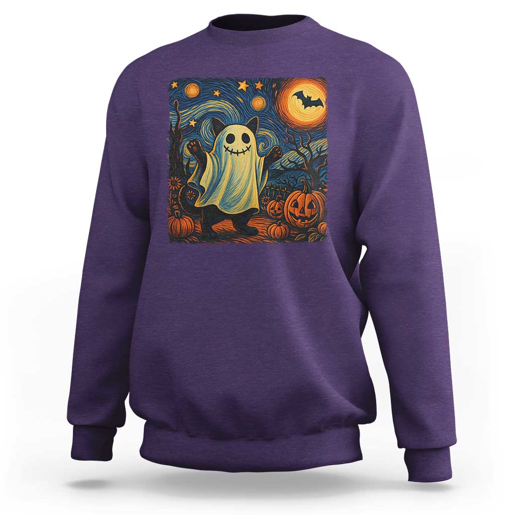 Funny Halloween Ghost Cat Sweatshirt Starry Night Van Gogh Cat Lover Gifts - Wonder Print Shop