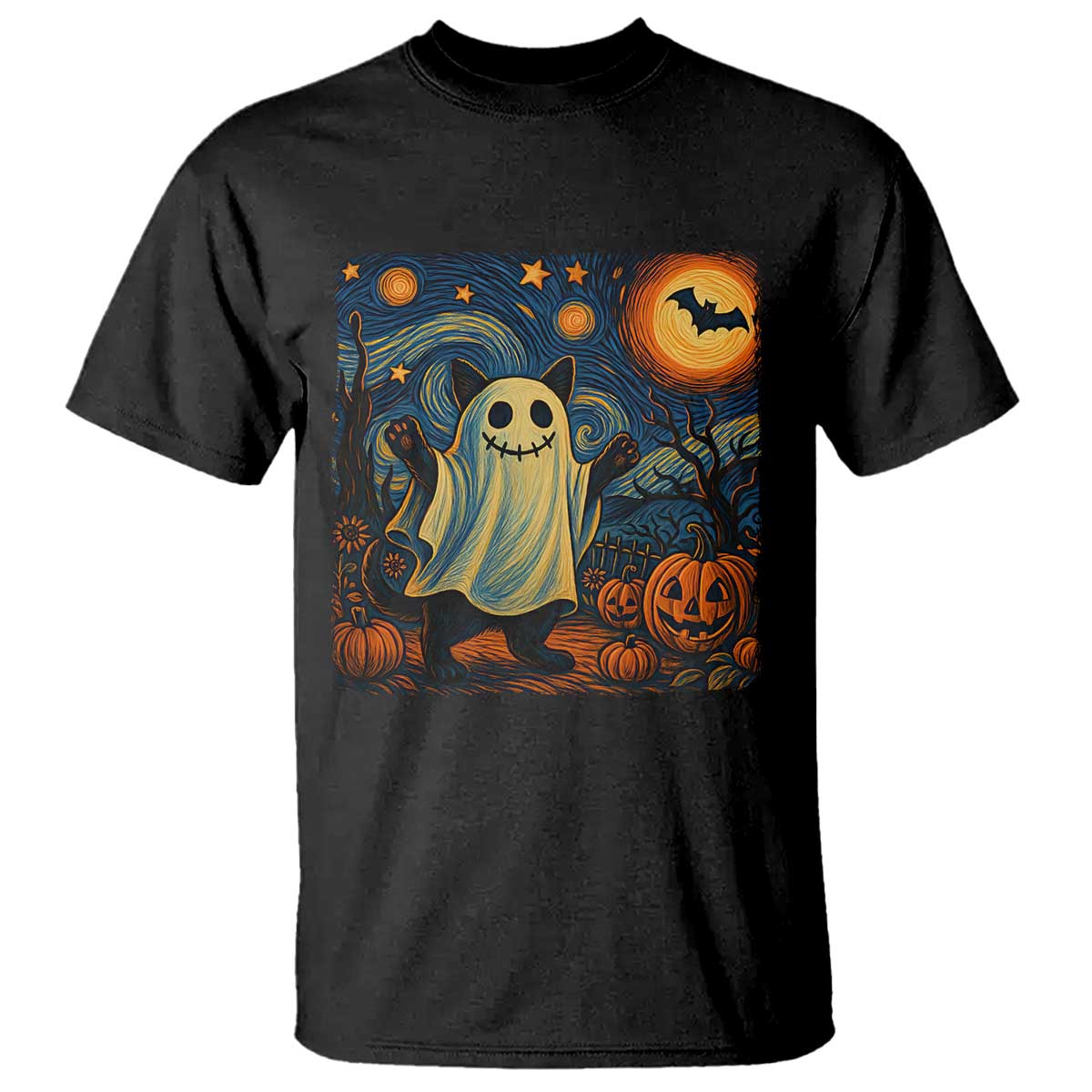 Funny Halloween Ghost Cat T Shirt Starry Night Van Gogh Cat Lover Gifts - Wonder Print Shop