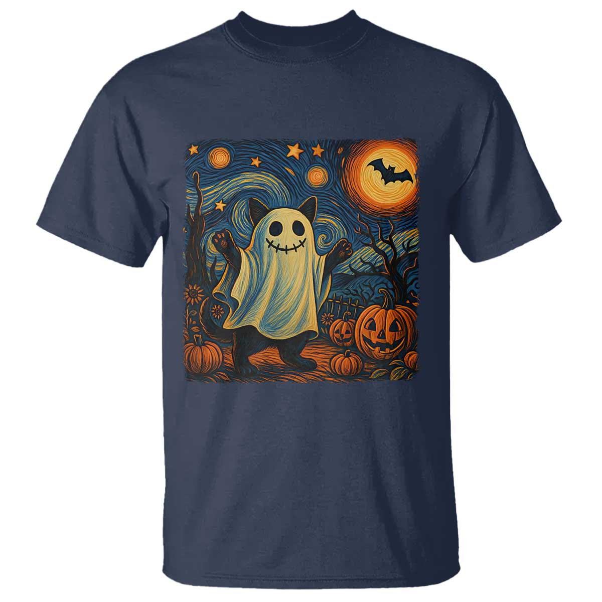 Funny Halloween Ghost Cat T Shirt Starry Night Van Gogh Cat Lover Gifts - Wonder Print Shop