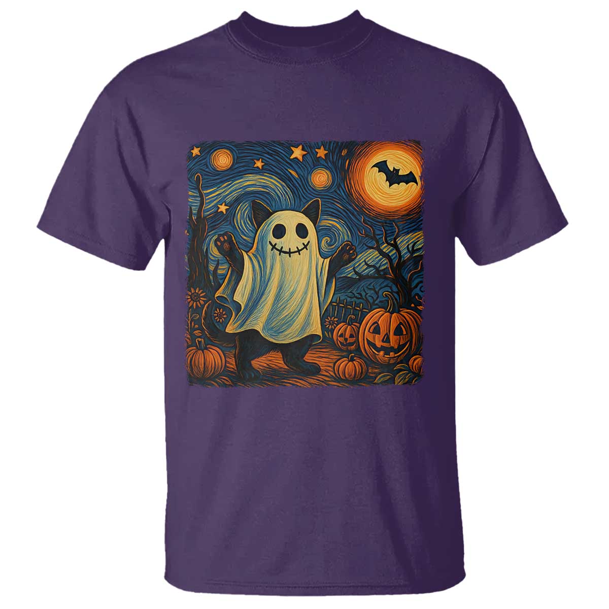 Funny Halloween Ghost Cat T Shirt Starry Night Van Gogh Cat Lover Gifts - Wonder Print Shop