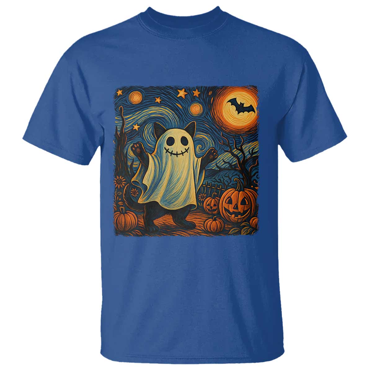 Funny Halloween Ghost Cat T Shirt Starry Night Van Gogh Cat Lover Gifts - Wonder Print Shop