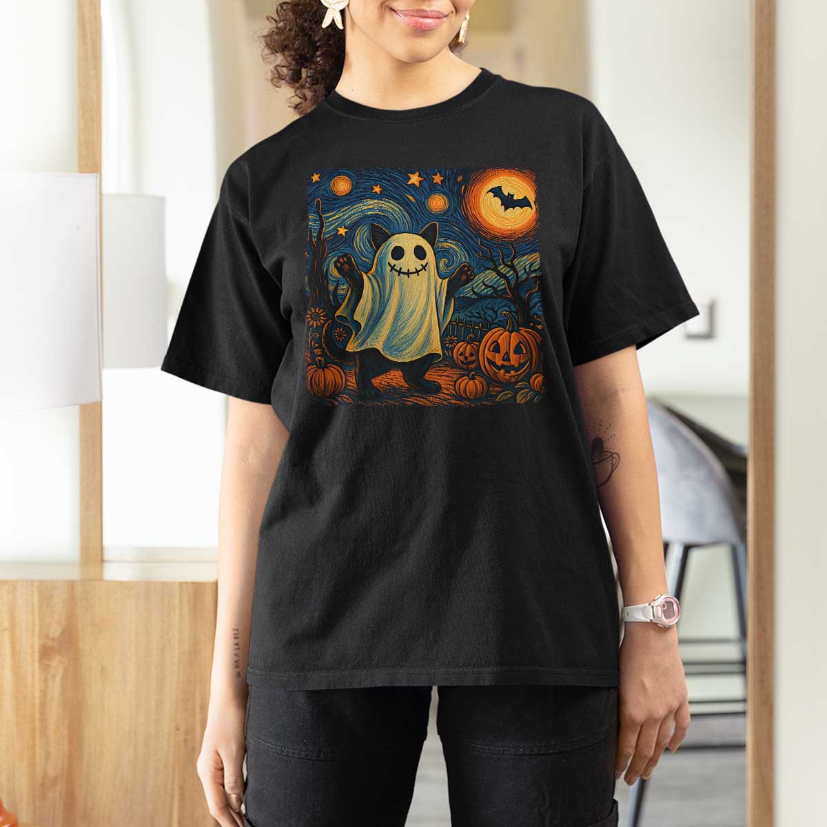 Funny Halloween Ghost Cat T Shirt For Women Starry Night Van Gogh Cat Lover Gifts - Wonder Print Shop