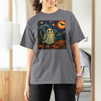 Funny Halloween Ghost Cat T Shirt For Women Starry Night Van Gogh Cat Lover Gifts - Wonder Print Shop