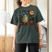 Funny Halloween Ghost Cat T Shirt For Women Starry Night Van Gogh Cat Lover Gifts - Wonder Print Shop