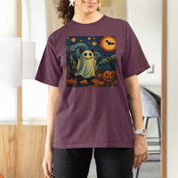 Funny Halloween Ghost Cat T Shirt For Women Starry Night Van Gogh Cat Lover Gifts - Wonder Print Shop