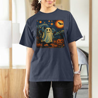 Funny Halloween Ghost Cat T Shirt For Women Starry Night Van Gogh Cat Lover Gifts - Wonder Print Shop