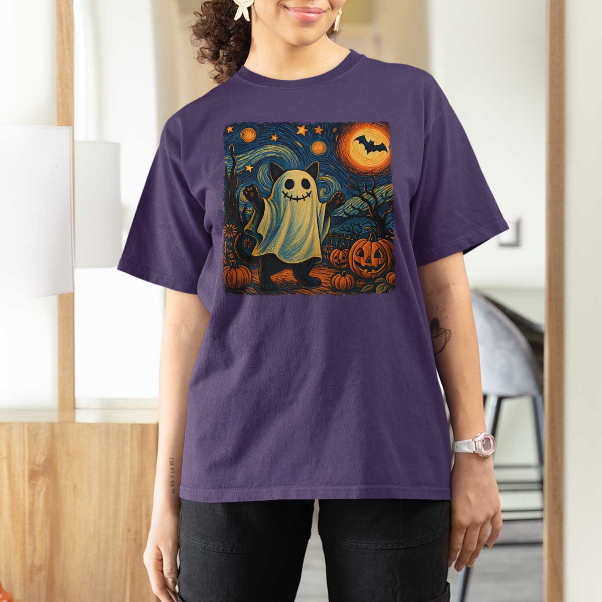 Funny Halloween Ghost Cat T Shirt For Women Starry Night Van Gogh Cat Lover Gifts - Wonder Print Shop