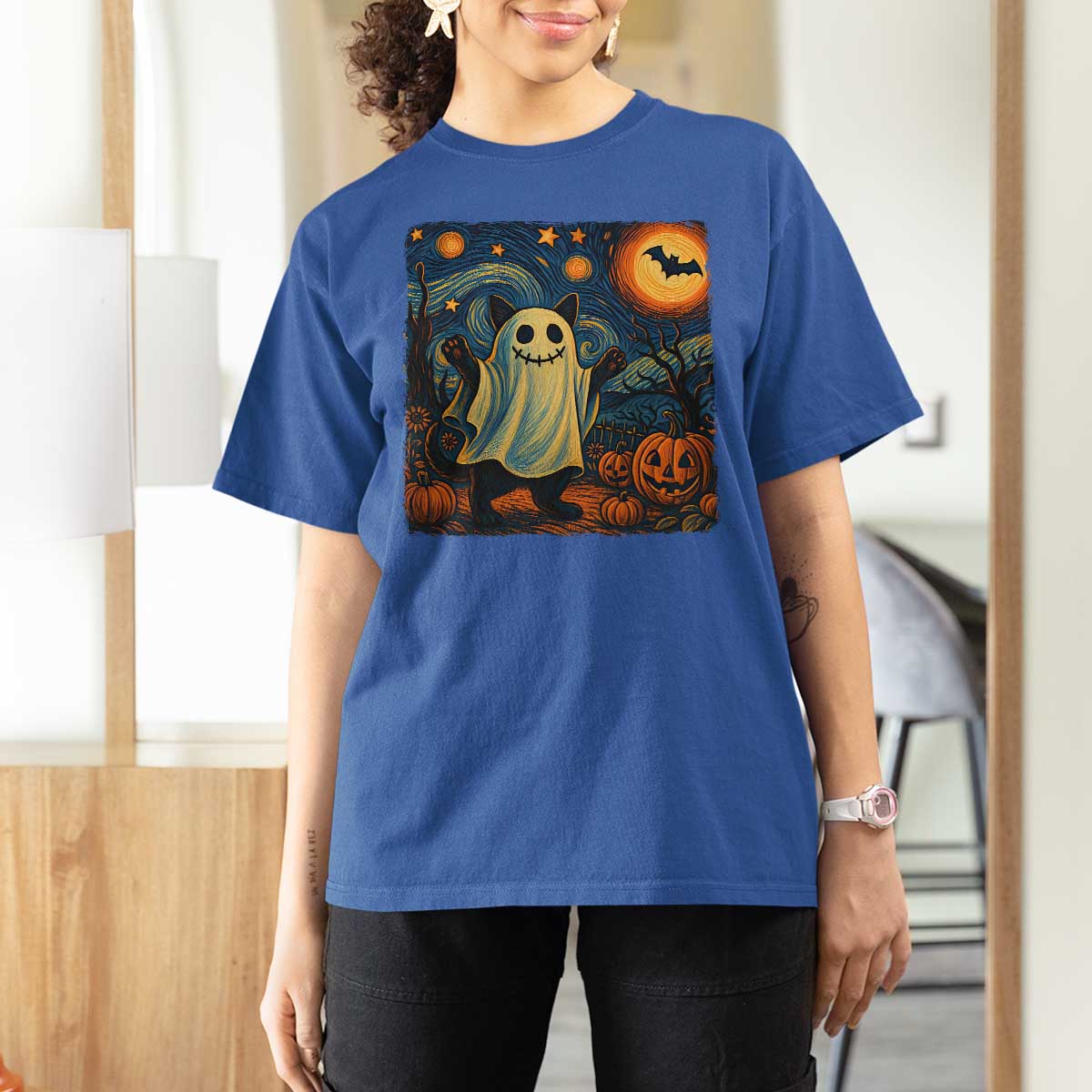 Funny Halloween Ghost Cat T Shirt For Women Starry Night Van Gogh Cat Lover Gifts - Wonder Print Shop