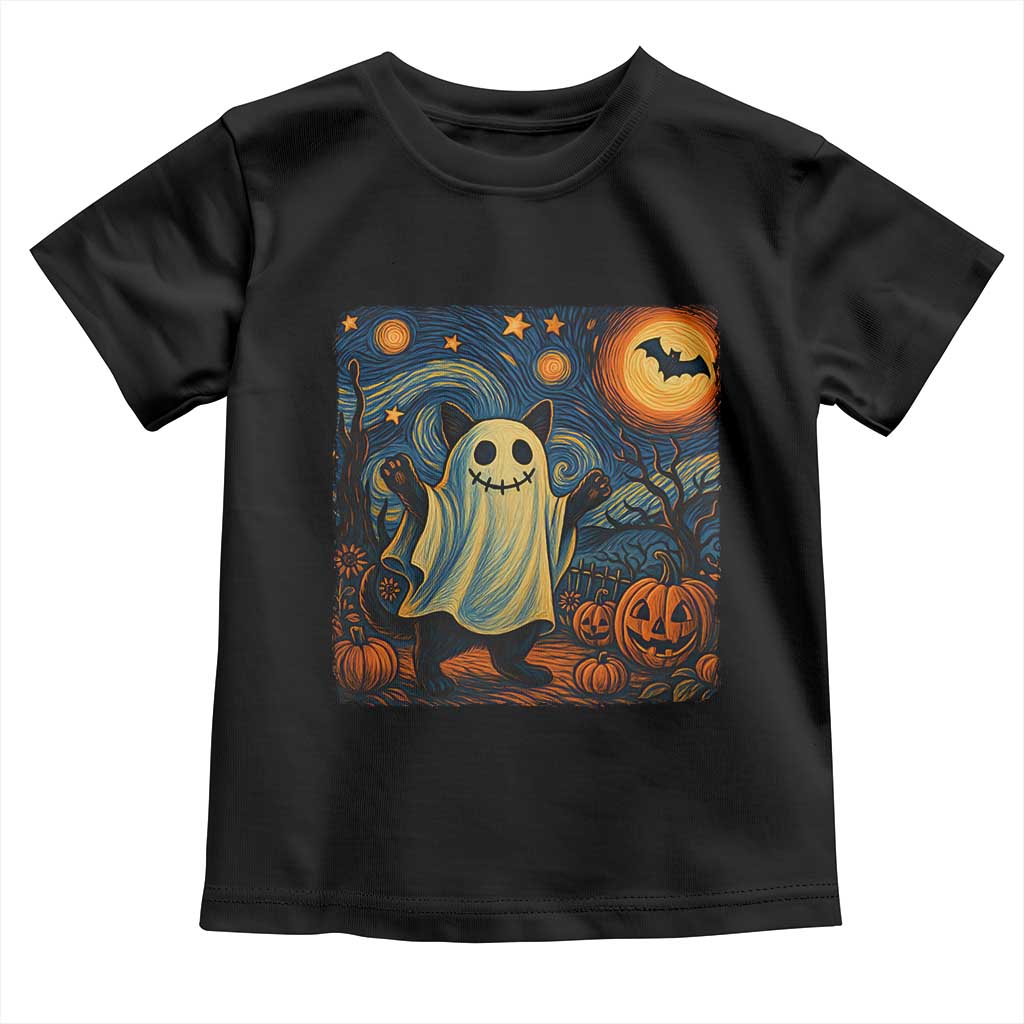 Funny Halloween Ghost Cat Toddler T Shirt Starry Night Van Gogh Cat Lover Gifts - Wonder Print Shop