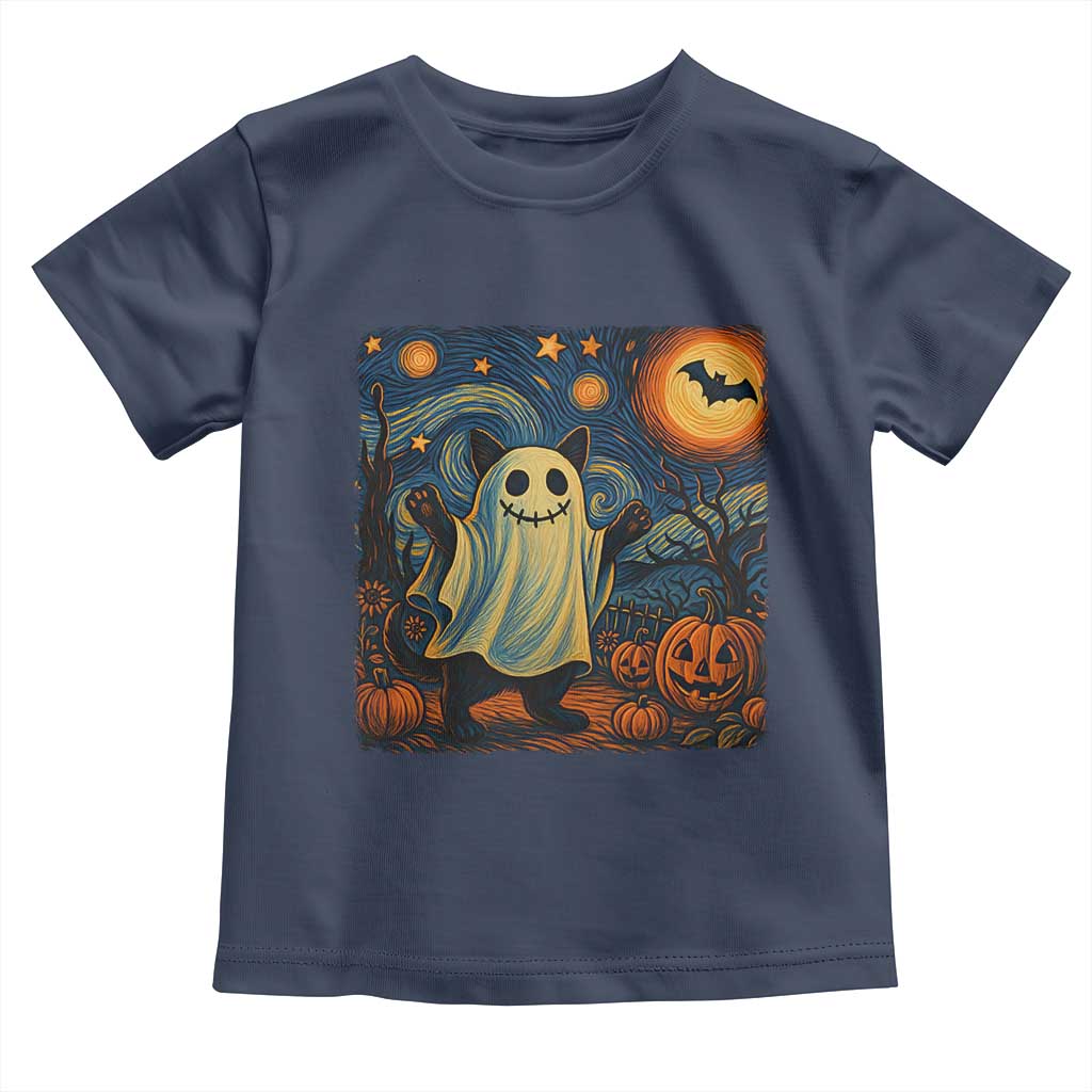 Funny Halloween Ghost Cat Toddler T Shirt Starry Night Van Gogh Cat Lover Gifts - Wonder Print Shop