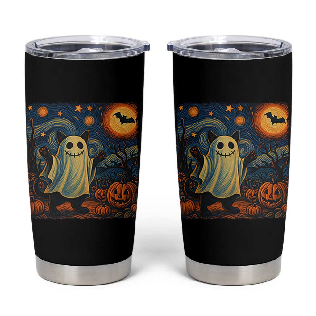 Funny Halloween Ghost Cat Tumbler Cup Starry Night Van Gogh Cat Lover Gifts - Wonder Print Shop