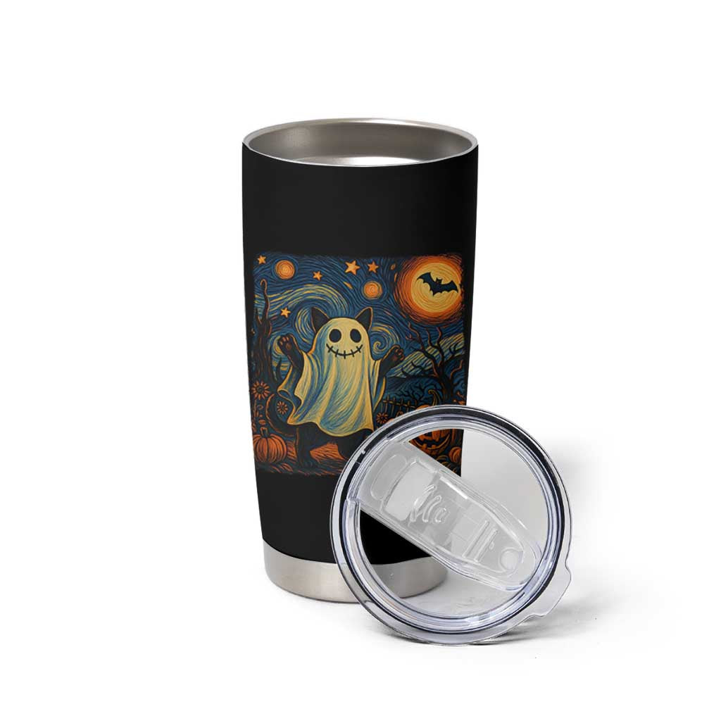 Funny Halloween Ghost Cat Tumbler Cup Starry Night Van Gogh Cat Lover Gifts - Wonder Print Shop