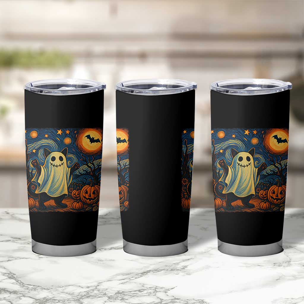 Funny Halloween Ghost Cat Tumbler Cup Starry Night Van Gogh Cat Lover Gifts - Wonder Print Shop