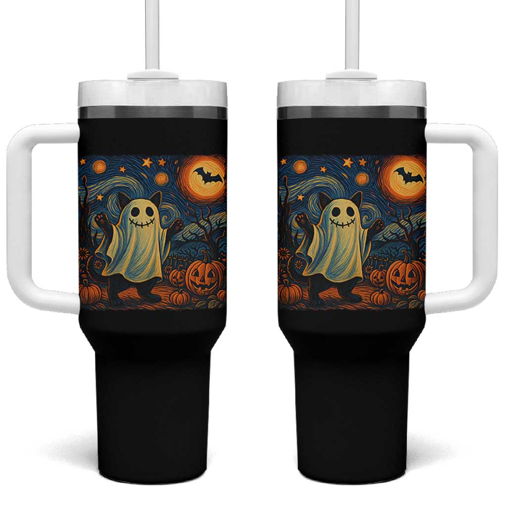 Funny Halloween Ghost Cat Tumbler With Handle Starry Night Van Gogh Cat Lover Gifts - Wonder Print Shop