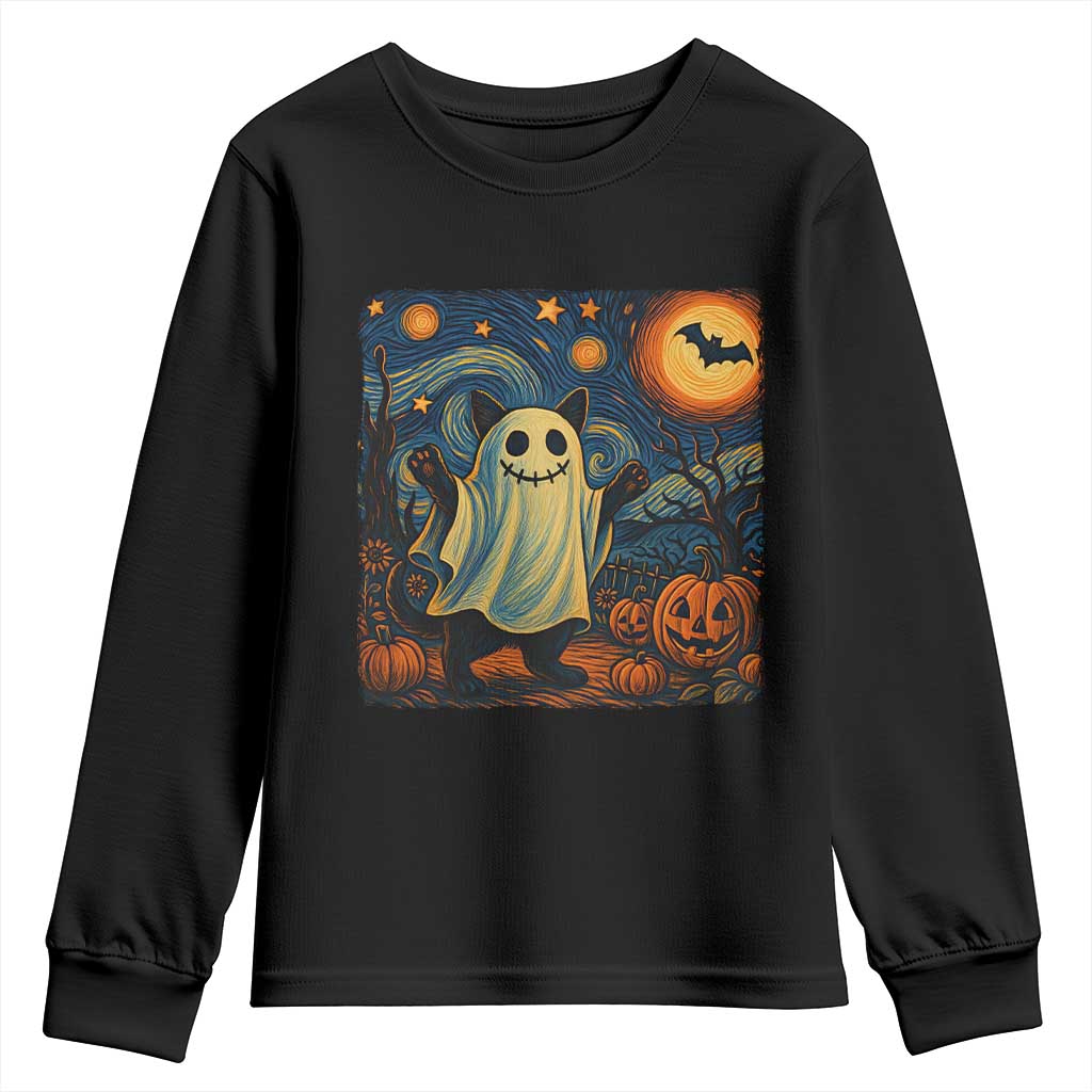 Funny Halloween Ghost Cat Youth Sweatshirt Starry Night Van Gogh Cat Lover Gifts - Wonder Print Shop