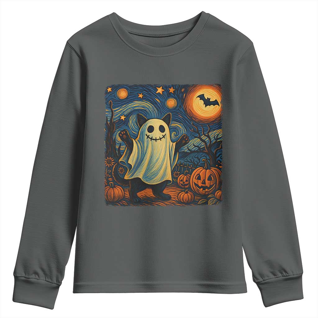 Funny Halloween Ghost Cat Youth Sweatshirt Starry Night Van Gogh Cat Lover Gifts - Wonder Print Shop