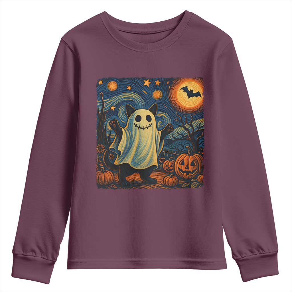 Funny Halloween Ghost Cat Youth Sweatshirt Starry Night Van Gogh Cat Lover Gifts - Wonder Print Shop