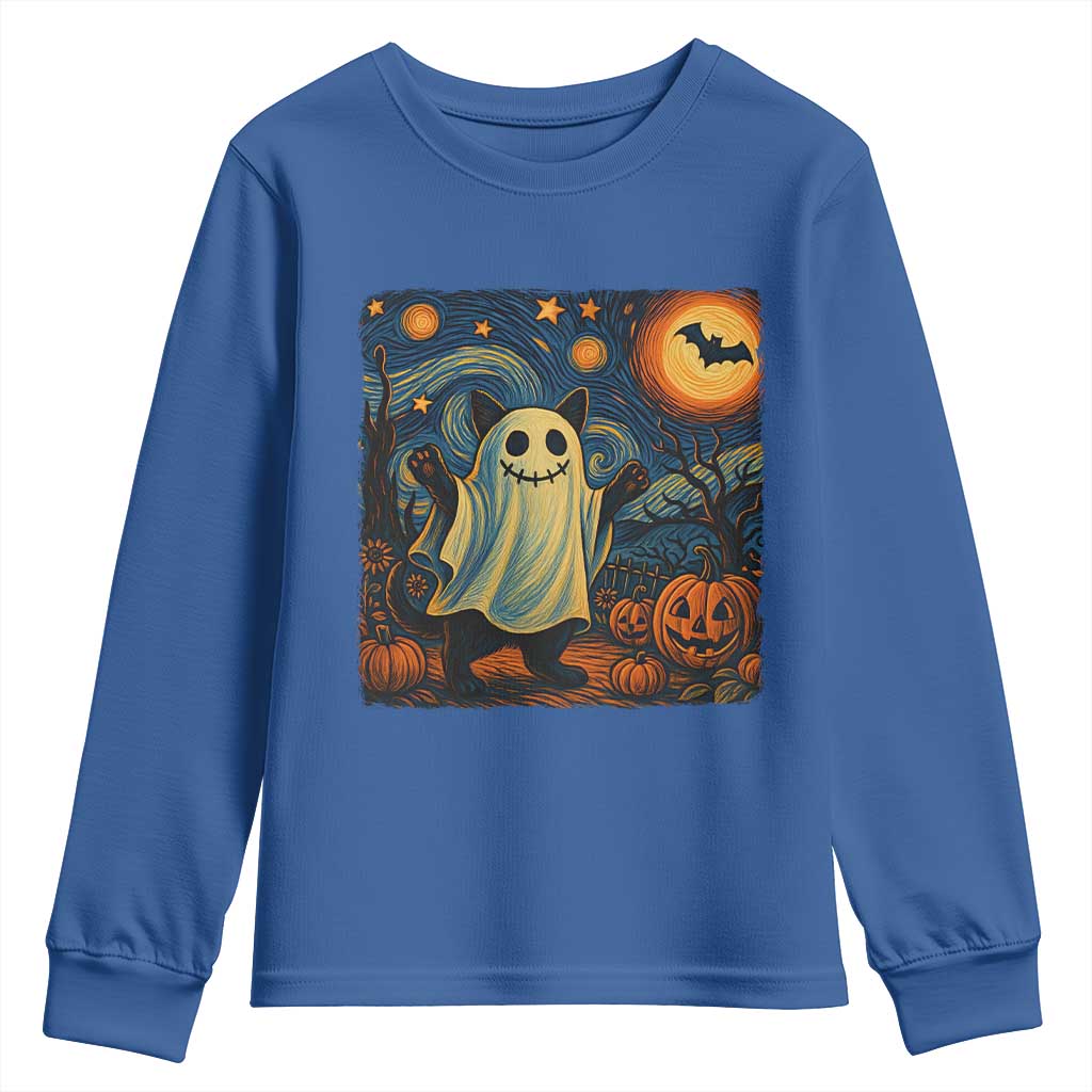 Funny Halloween Ghost Cat Youth Sweatshirt Starry Night Van Gogh Cat Lover Gifts - Wonder Print Shop